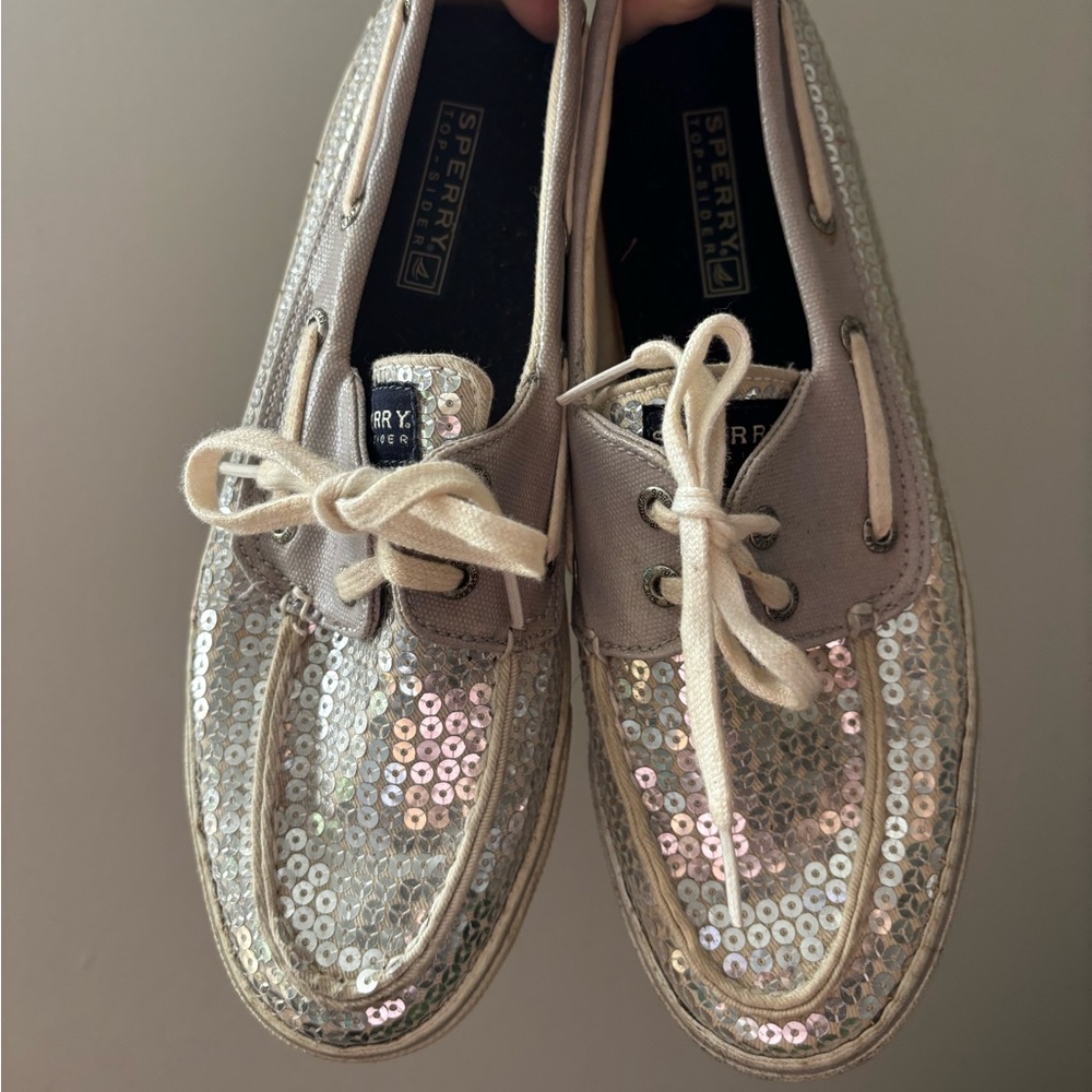 Sperry Top Sider Womens Silver Sequin Slip On Shoes